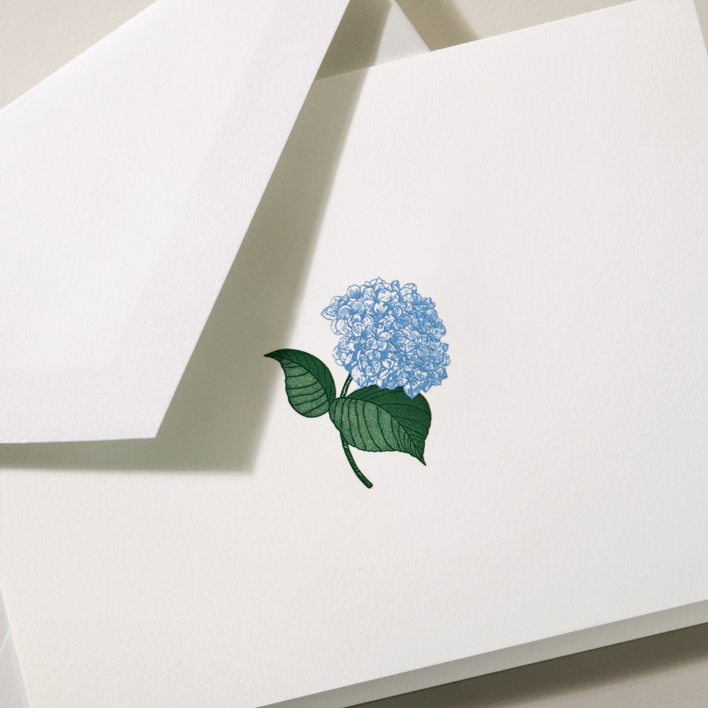 HAND ENGRAVED BLUE HYDRANGEA NOTE - CRANE STATIONERY